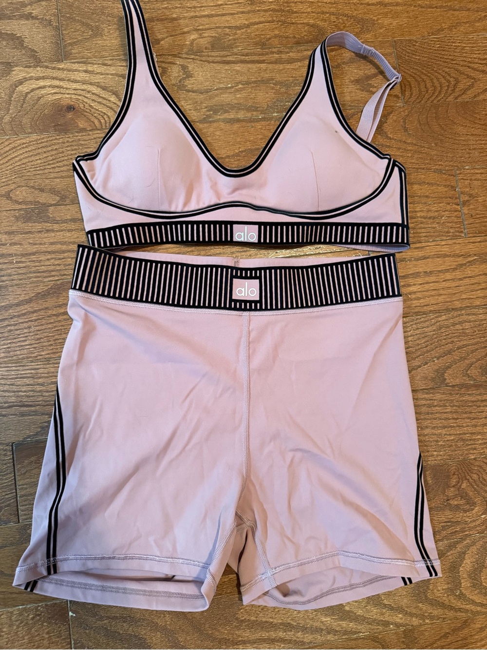 Alo Women's Blush Pink Striped Elastic Band Sports Bra & Shorts Set